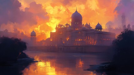 Obraz premium Golden Sunset over the Majestic Palace by the River