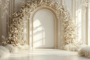 A beautiful floral arch in a bright elegant interior setting