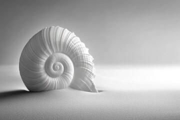 Obraz premium A large white spiral seashell partially buried in white sand, minimalist monochrome photography.