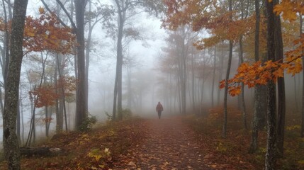 Obraz premium A lone traveler walking through the foggy woods