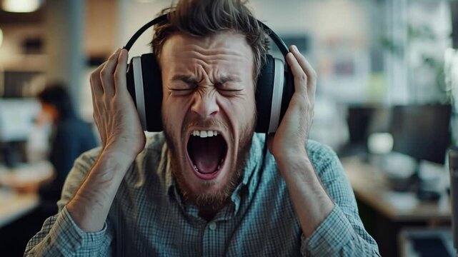 Stressed office worker with headphones, eyes closed and mouth open, possibly screaming.
