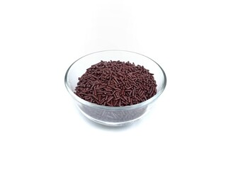 chocolate meshes in bowl isolated on white background 