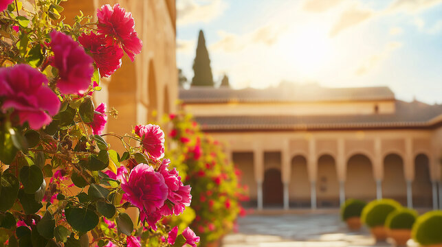 Pink flowers blooming brightly in a sunny European style courtyard