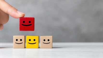 Hand selecting red smiley block from three others, symbolizing choice and positivity.