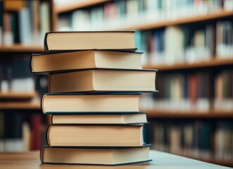 Stack of Books on a Wooden Table in a Library Scene