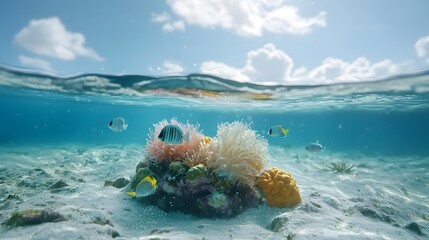 Vibrant underwater scene featuring a colorful coral reef with signs of a coral bleaching event and progressive loss of color in the marine environment