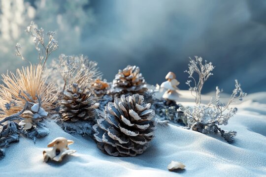 Winter wonderland scene with pine cones, frosted plants, and mushrooms on a snowy surface.