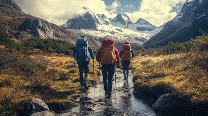 Obraz premium Adventurers trekking in nature, exploring the unknown