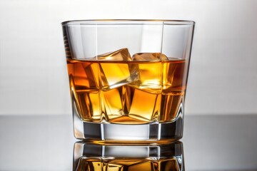 Sleek Glass of Whiskey with Ice on Reflective Surface with Gray Background