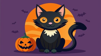 Cartoon black cat sitting next to a jack o lantern with bats and orange moon background halloween theme