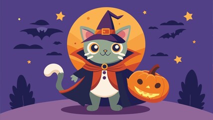 Cartoon cat in a witch costume holding a pumpkin against a full moon halloween illustration