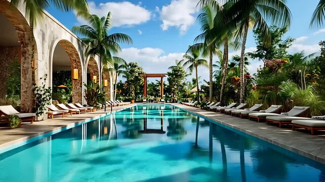 Luxury Resort Pool Surrounded by Palm Trees and Lush Gardens Under Clear Blue Sky


