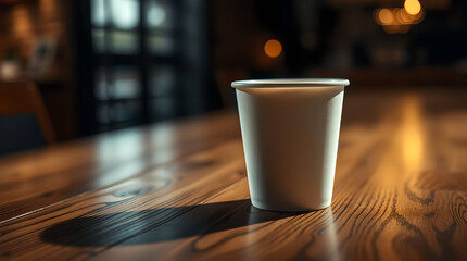 A white paper cup on the wood table 