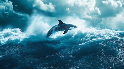 Orca's Leap: A Majestic Whale Soaring Through Turbulent Ocean Waves