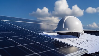White Hard Hat on Solar Panel Blueprint Under a Sunny Sky