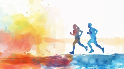Watercolor runners celebrating world run day for fitness motivation and health awareness. Watercolor illustartion. Horizontal banner. Copy space