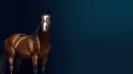 A striking brown horse stands majestically against a dark backdrop, showcasing its glossy coat and expressive features, embodying elegance and grace in nature.