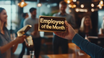 Employee recognition event celebrating outstanding monthly achievement in a restaurant