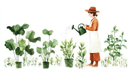 A cheerful individual in a garden is watering various plants, symbolizing growth and care, and embodying the nurturing relationship people have with nature.