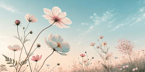 pale colours, flowers on the clear sky background