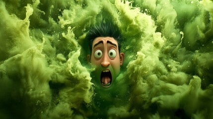 viral meme style picture of a cartoon character surrounded a huge plume of green gas. they are making a disgusted face 
