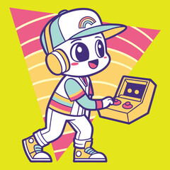 Cute Cartoon Character Playing Retro Video Game, cute mascot vector art 