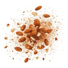 Fototapeta premium Scattered almonds with pieces and crumbs on a white background top down centered view studio shot
