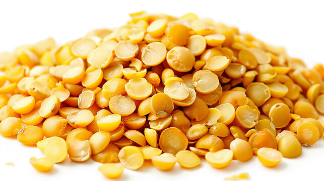 A pile of yellow pigeon peas, also known as toor dal or arhar dal, isolated on a white background.
