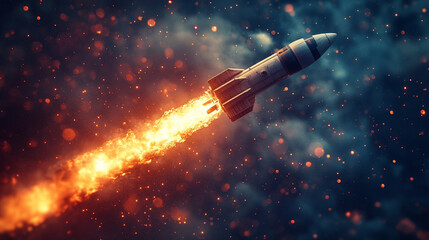 A space rocket soars into the sky with a burst of flames against a glowing sunrise, symbolizing ambition, progress, and human ingenuity in the pursuit of exploration and modern innovation