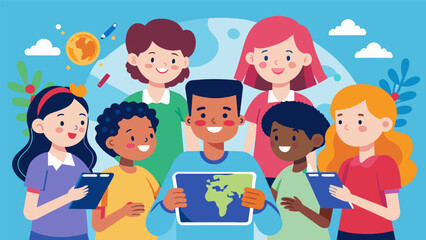 A group of students excitedly worked together on an interactive tablet navigating through a virtual field trip to different countries.. Vector illustration