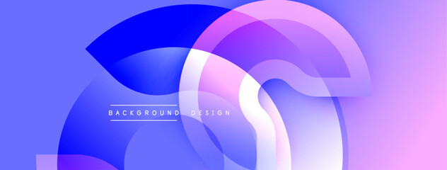 Abstract design. Overlapping circles create dynamic composition. Blue, purple, white gradients blend smoothly. Modern aesthetic. Minimalist style.