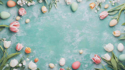 Obraz premium Colorful Easter eggs, tulips, and white flowers on teal textured background. Festive Easter holiday celebration design.