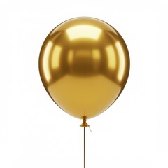 Isolated shiny golden balloon with string floating in front of a plain white background studio shot