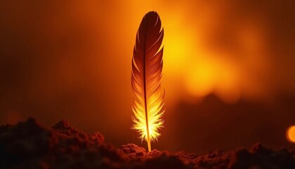 "Extreme close up of a glowing feather in wildfire ash, intricate soot, corporate manager silhouette saving, sleek commercial shot."