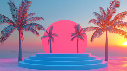 Obraz premium Tropical sunset scene with vibrant pink sun, palm trees, and blue podium