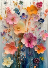 Colorful 3D flowers with gradient background and decorative elements. Artistic floral design with vibrant blooms.