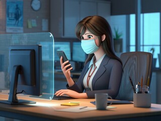 Cartoon employee uses cellphone browsing data in modern office workspace during pandemic