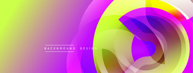 Bright abstract design. Overlapping circles create dynamic visual effect. Purple, yellow hues dominate composition. Modern aesthetic.