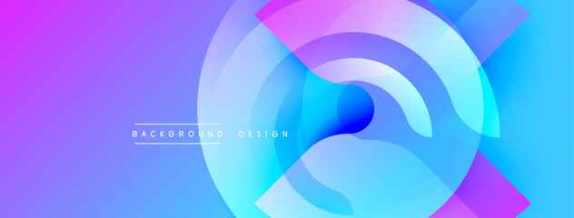 Abstract composition. Vibrant blue, purple gradients. Overlapping circles, squares create dynamic visual effect. Modern design, smooth transitions.