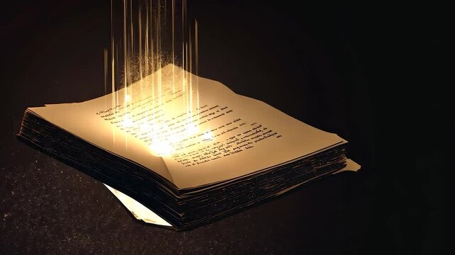 Old book opened and light particles on dark background