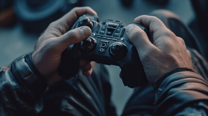 Focused drone pilot controlling with advanced console for aerial maneuvers