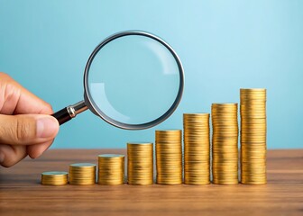 Magnifying glass over gold coins reveals potential financial growth