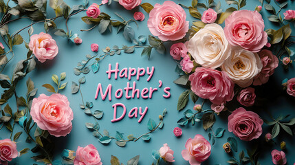 Colorful pink roses and flowers surround “Happy Mother's Day” text on blue background. Festive Mother’s Day greeting design.