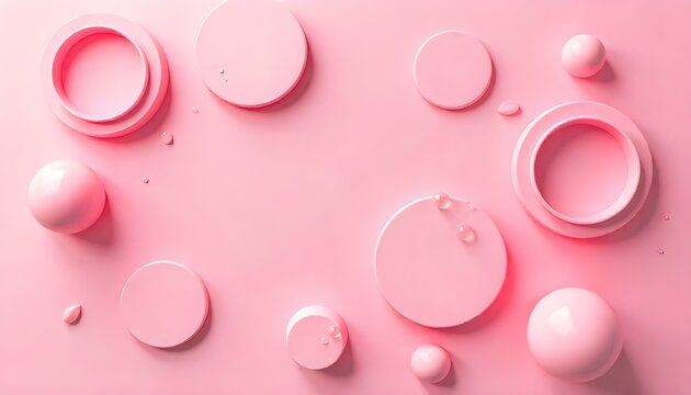 A monochromatic, top-down studio shot features an array of pink circles and spheres arranged on a pink background - Powered by Adobe