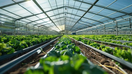 Solar panels providing energy to a greenhouse with rows of vegetables.