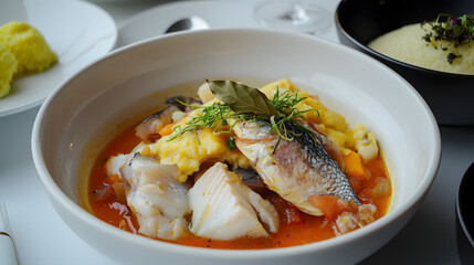 Traditional Croatian Brudet Fish Stew Served with Creamy Polenta and Fresh Vegetables