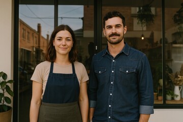 Friendly cafe owners smiling together.