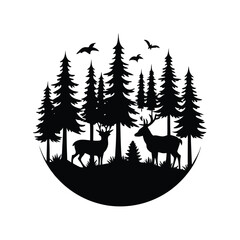 Naklejka premium A vector illustration depicts a Christmas tree with a deer silhouette in a snowy winter landscape.