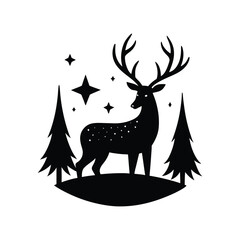 A vector illustration depicts a Christmas tree with a deer silhouette in a snowy winter landscape.