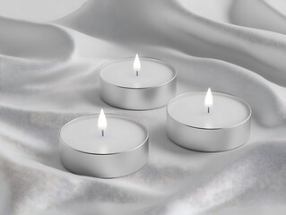 Illuminated tea lights arranged on shimmering white silk fabric backdrop